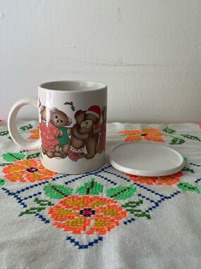 Vintage Christmas Teddy Bear Mug with Coaster